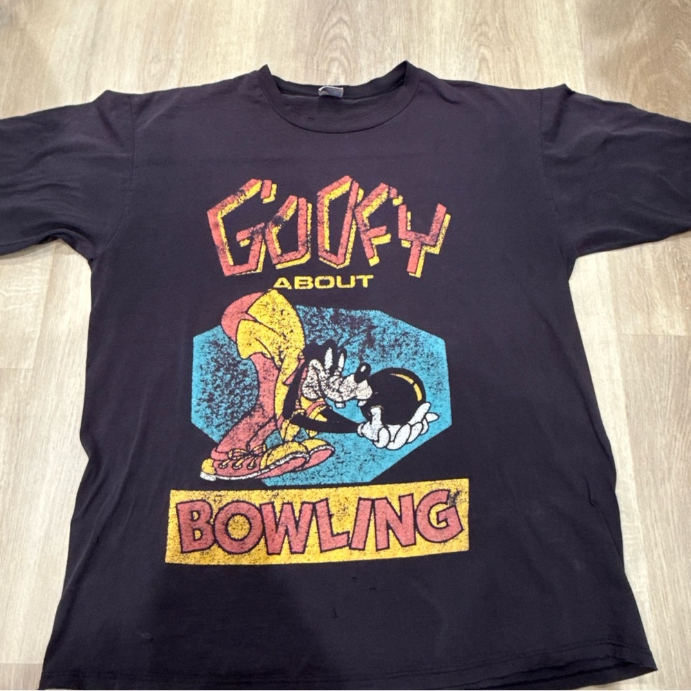 Vintage Goofy About Bowling Single Stitch Disney T-Shirt Black Graphic Tee OS